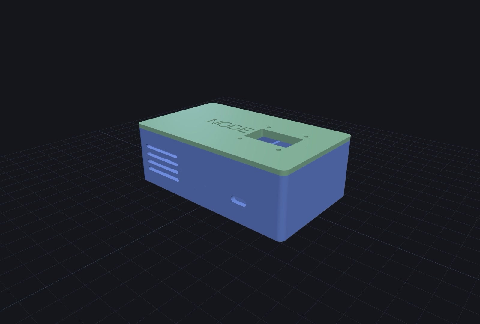A rendered 3D-printable enclosure with an engraved lid and USB-C port